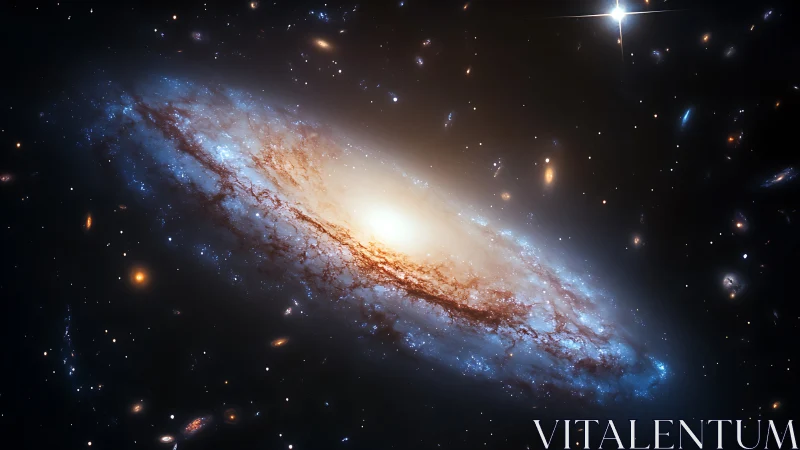 Radiant spiral galaxy drifts through a luminous starfield glow