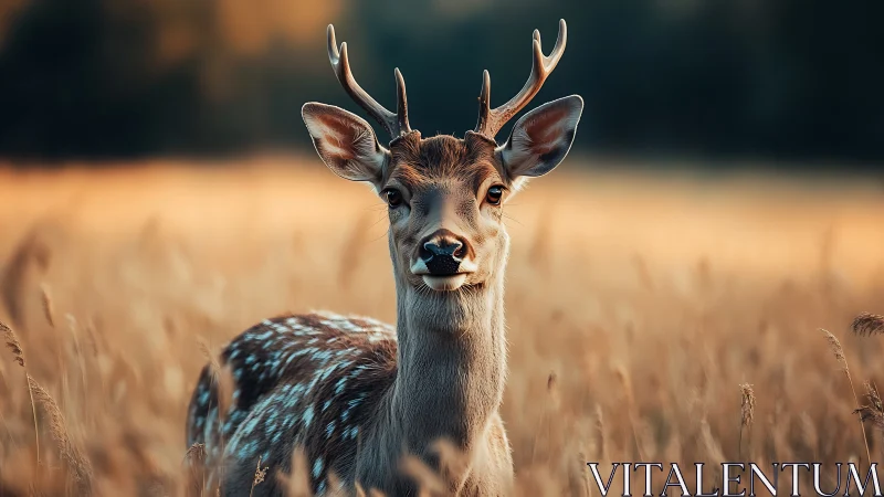 Young spotted deer in golden meadow at sunset light.