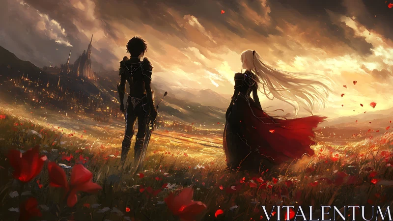 Two armored figures overlook sunset valley and distant citadel