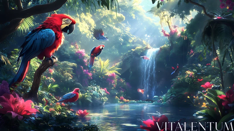 Scarlet macaws share a glowing rainforest lagoon at sunrise