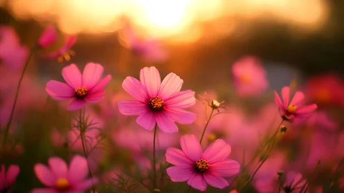 Pink Cosmos Flowers Blooming at Golden Hour Sunset