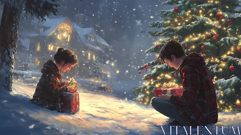 Two children examine illuminated gifts in snowy outdoor scene