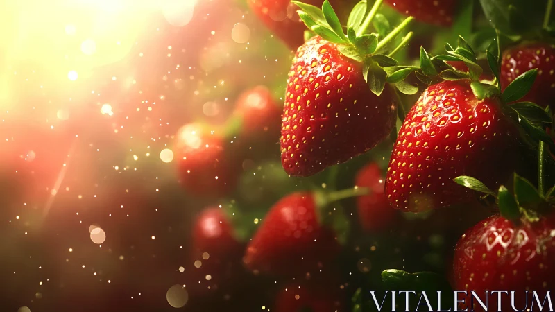 Macro strawberry cluster in warm bokeh backlit garden light