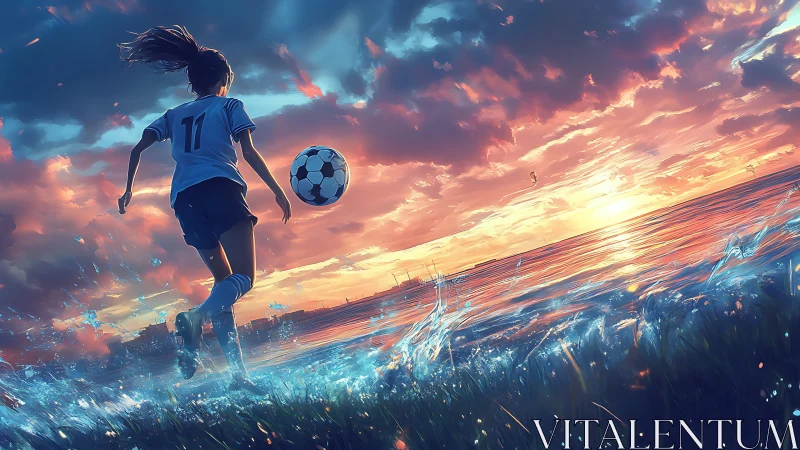 Sunset shoreline soccer run in luminous fantasy seascape.