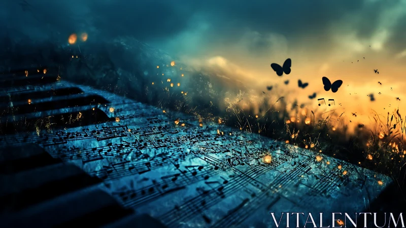 Piano keys dissolve into glowing musical butterflies at dusk.