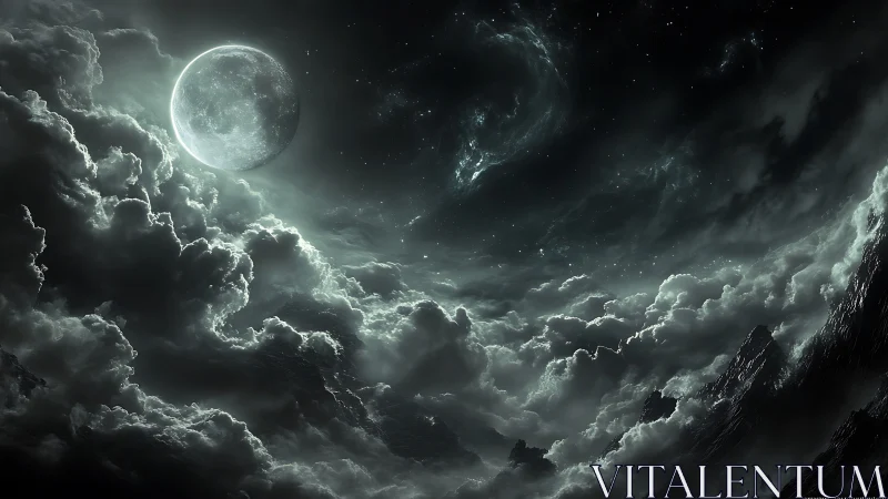 Stormy moonlit sky over dark mountains and swirling clouds.