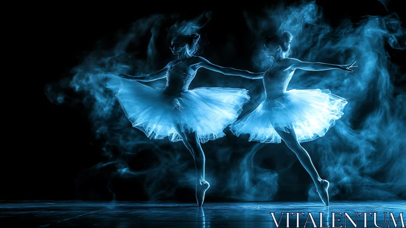 Backlit ballet dancers in blue haze on dark stage.