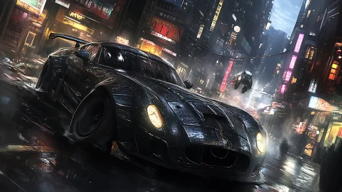 Night rain street chase with black racing car in city.