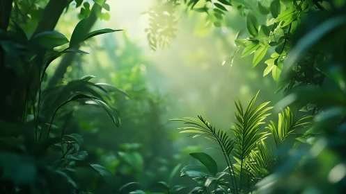 Lush forest interior with dappled sunlight through green foliage.