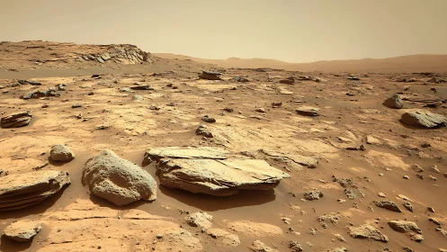 Stratified Martian regolith plain under diffused ochre sky light