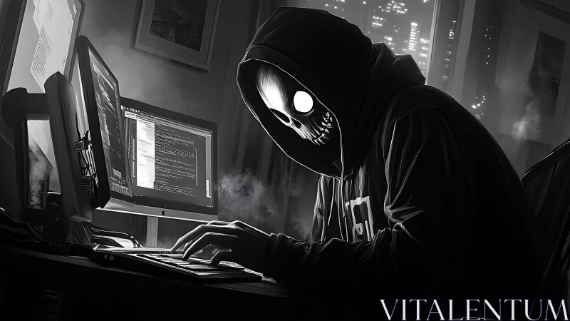 Midnight skull hacker bends code in neon haunted workspace.