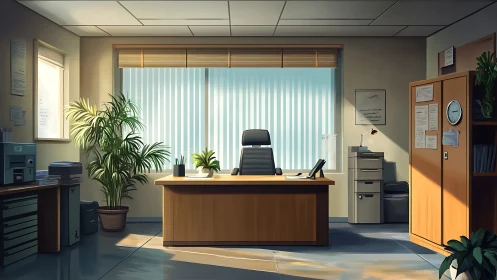 Sunlit corporate office desk with organized workspace layout.