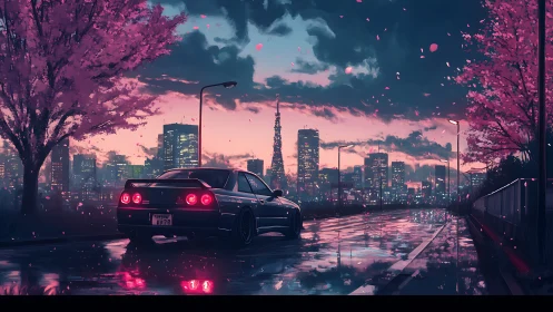 Digital painting of skyline boulevard with cherry blossoms at dusk.