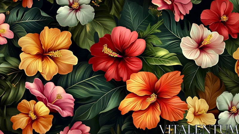 Vibrant Tropical Floral Arrangement on Dark Background.