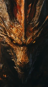 Molten-scaled dragon portrait under smoldering shadows.