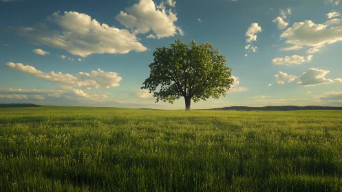 Lone tree in a sunlit meadow under a sky with scattered clouds.