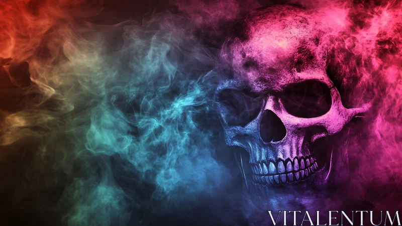 Neon smoke swirls around a glowing human skull silhouette.
