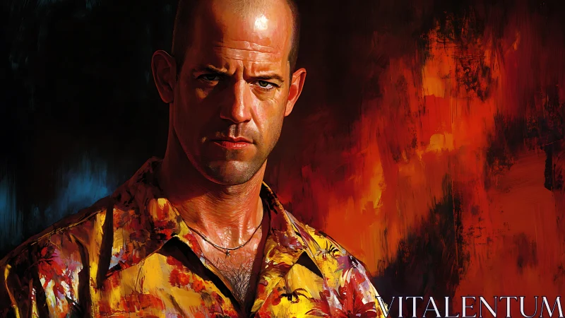 Intense bald man confronts viewer before fiery abstract backdrop