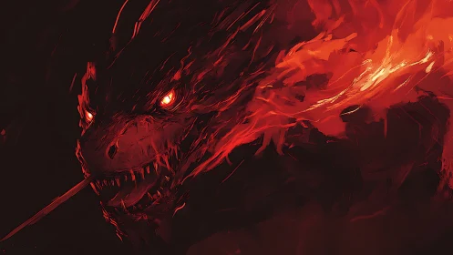 Fiery dragon head with glowing eyes in dark background.