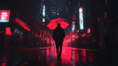 Neon rain-walker under scarlet umbrella in cyber city night.