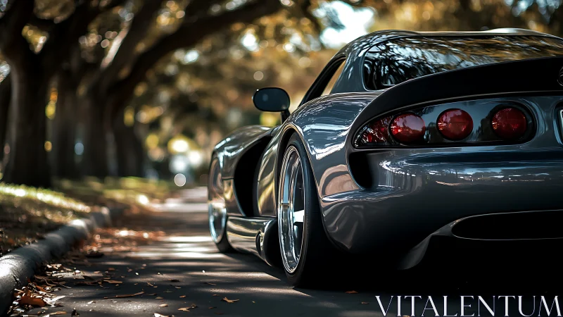 Low-slung sports car under tree-lined boulevard light.