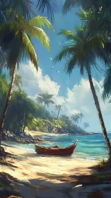 Tropical Paradise: Red Boat Under Swaying Palms.
