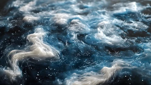 Abstract swirling blue and white ocean waves digital artwork.