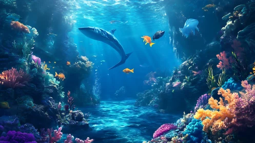 Sunlit coral reef welcomes graceful whale and bright fish.