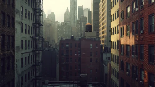 Urban canyon skyline framed by brick facades at dusk.