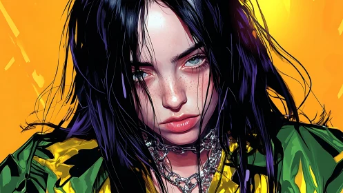 Digital portrait of young woman with dark hair on yellow.