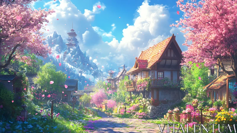 Fantasy village street under cherry blossoms and mountain temple.