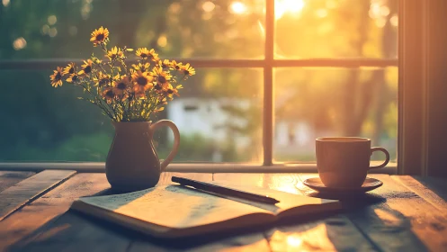 Sunlit notebook, daisies, and coffee cup frame quiet dawn