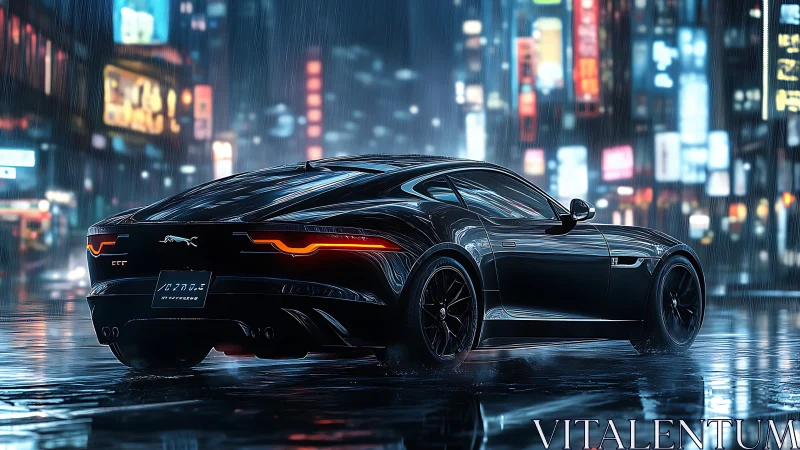 Cyberpunk performance coupé in neon rain-soaked streets at night