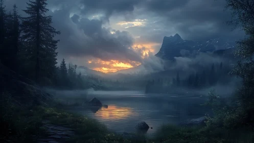 Moody alpine lake at sunrise beneath misty mountain peaks.