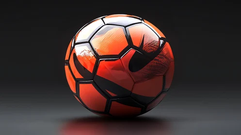 Orange and black Nike soccer ball on dark studio background.