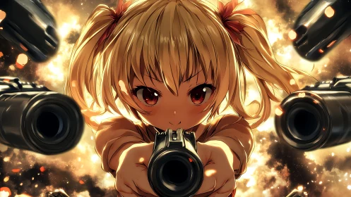 Dynamic anime gunslinger portrait with radial weapon framing.