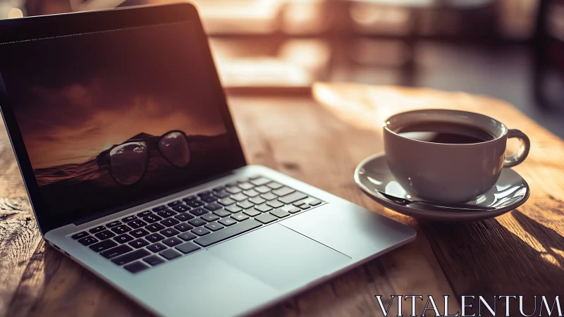 Cozy laptop and coffee moment on a sunlit wooden table.