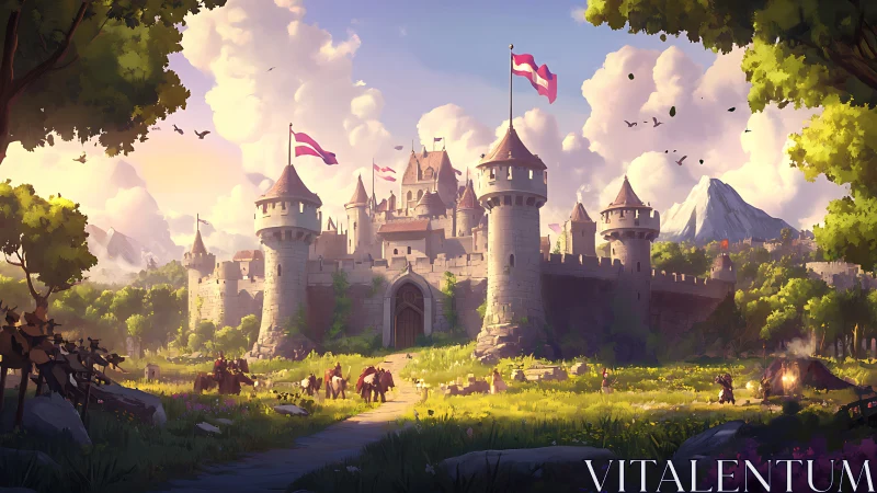 Sunny medieval castle meadow buzzing with peaceful life.