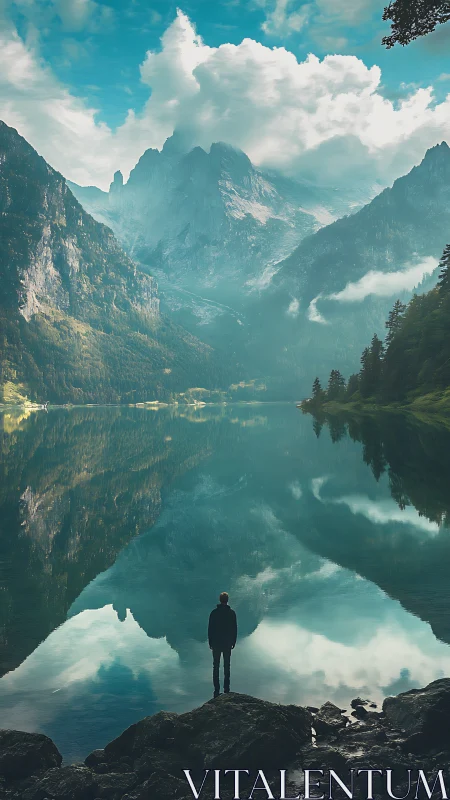 Solitary figure watches mirrored alpine peaks in tranquil dawn