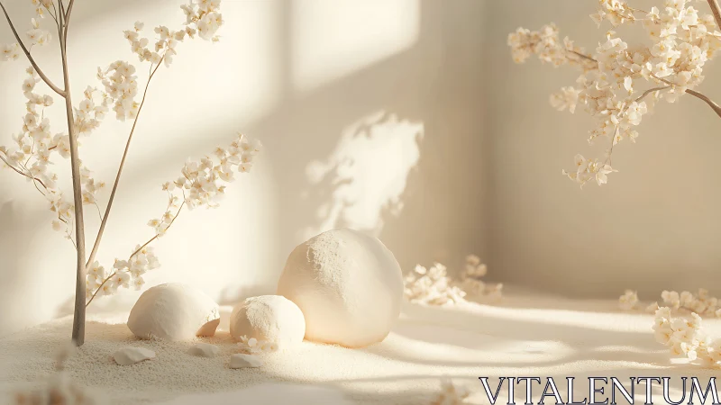Soft directional lighting sculpts matte spheres and delicate blossoms