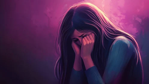 Digital portrait of distressed woman under magenta rim lighting