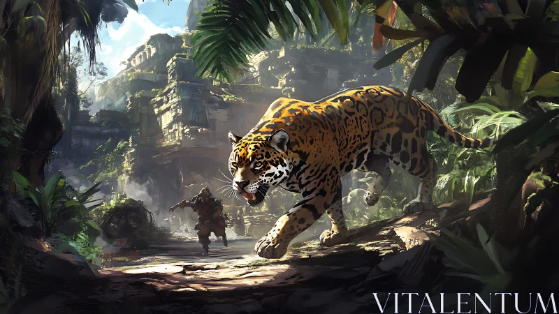 Photorealistic Jaguar Traversing Overgrown Ruins With Architectural Complexity
