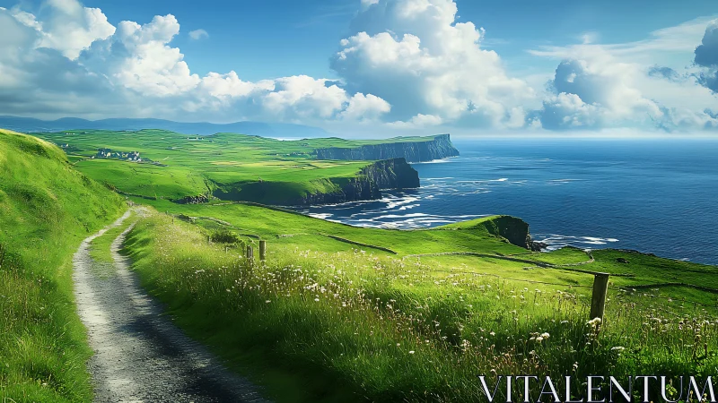 Digital painting of sunlit coastal cliffs and winding path landscape.