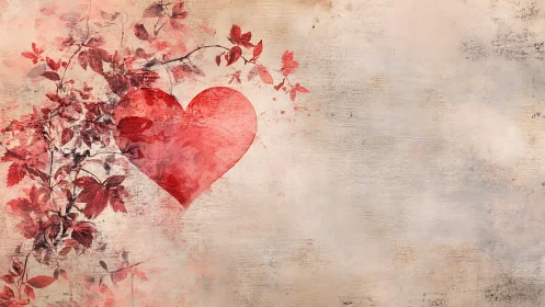 Red Heart with Autumn Foliage on Textured Background