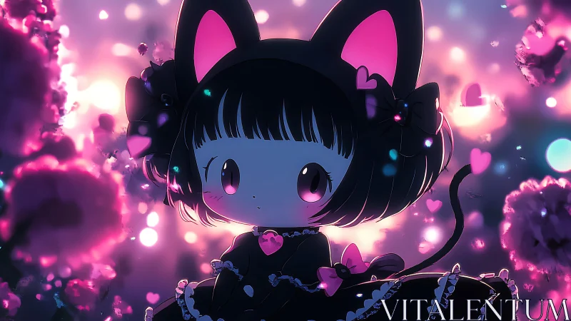 Chibi cat-eared girl in dark dress amid pink light field.