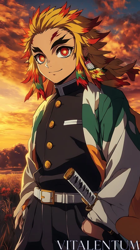 Warm sunset samurai with fiery hair and bright, kind eyes.
