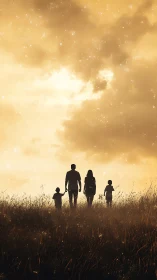 Golden evening sky welcomes a peaceful family walk together