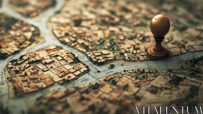 Vintage city map unfolds with wooden globe marker poised.