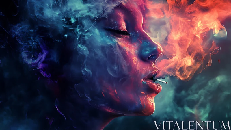 Chromatic portrait of smoking woman in swirling neon fog.