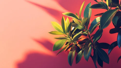 Lush green plant casting shadows on pink wall, modern minimal style.
